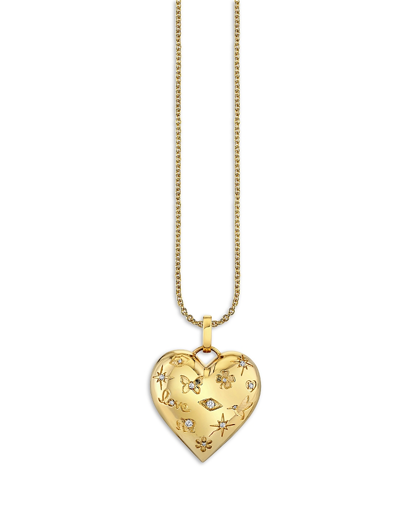 Sydney Evan 14K Yellow Gold Diamond Embossed Icon Puffed Heart Charm Necklace, 22