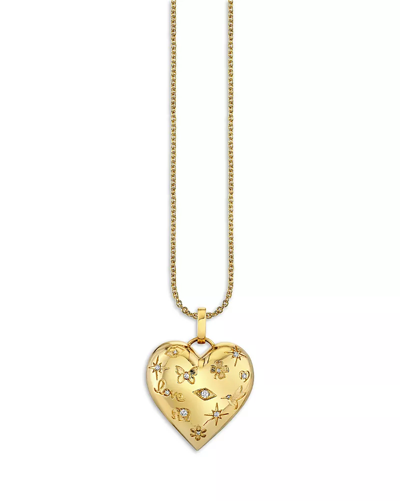 Sydney Evan 14K Yellow Gold Diamond Embossed Icon Puffed Heart Charm Necklace, 22