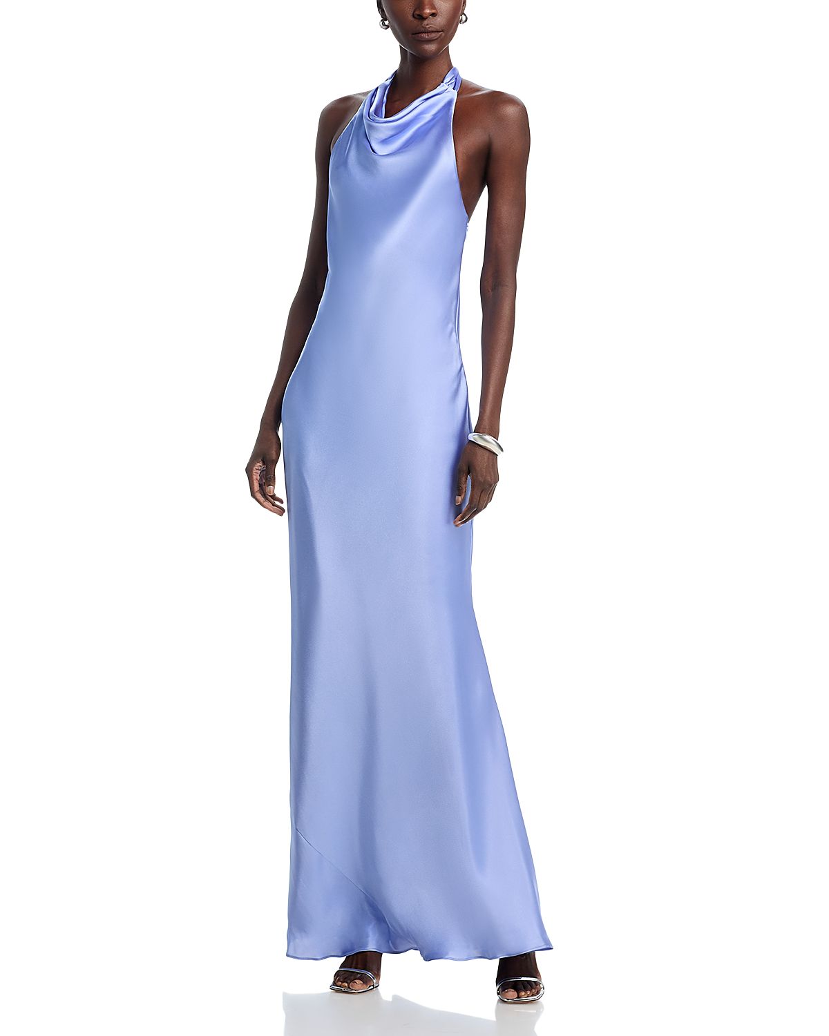 Aqua Charmeuse Halter Neck Long Dress - Exclusive