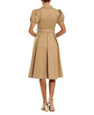  Puff Sleeve Twill Button Up Midi Dress with Belt