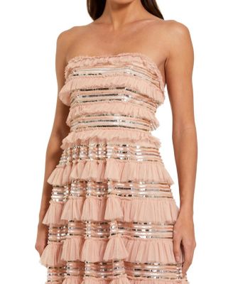  Strapless Sequin Micro Ruffle Maxi Dress
