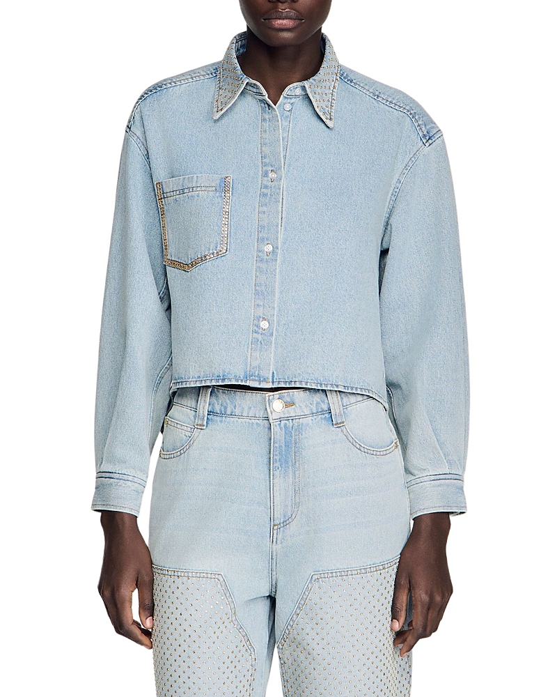 Sandro Lady Rhinestone Crop Denim Shirt
