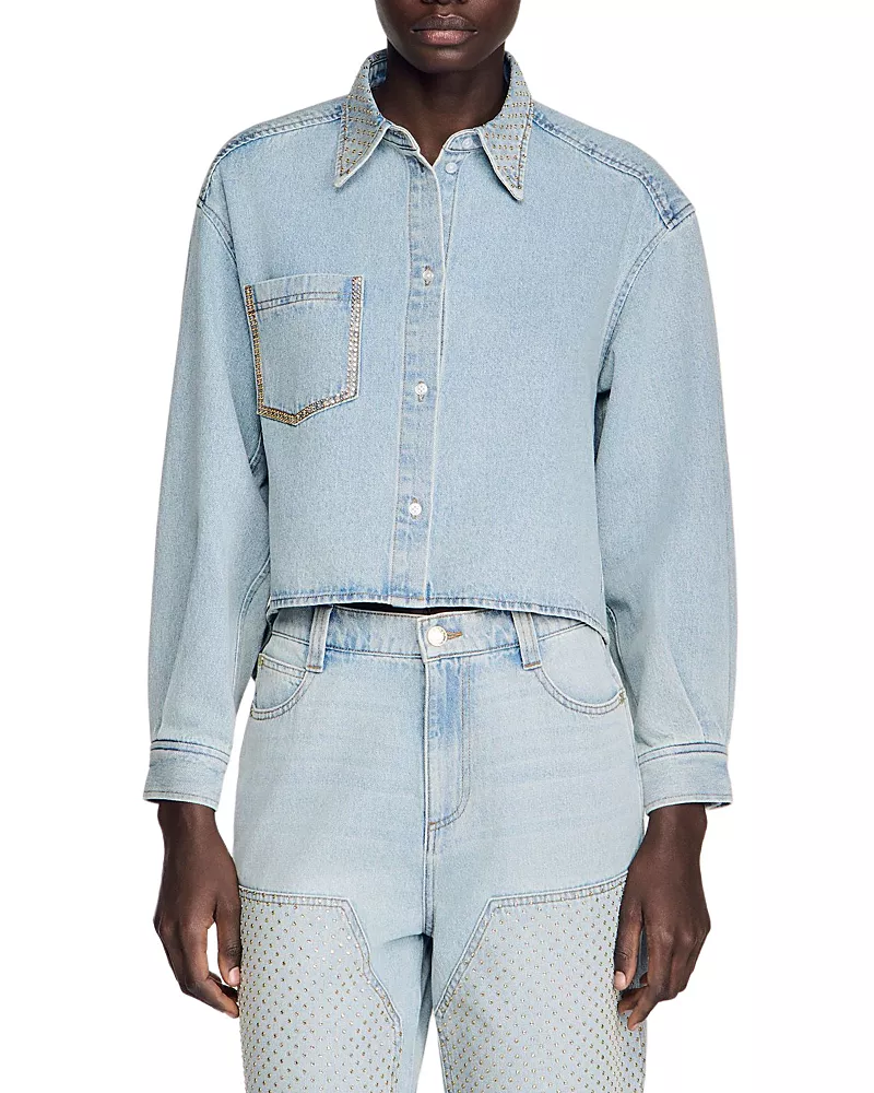 Sandro Lady Rhinestone Crop Denim Shirt