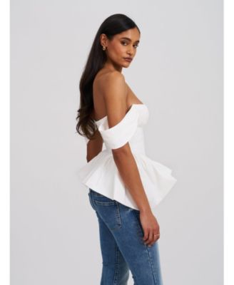  Qistina Off-Shoulder Bubble Hem Peplum Cotton Top