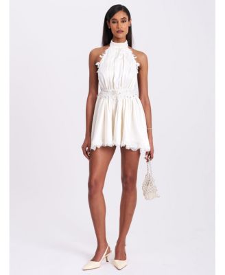  Idalia Beaded Lace Trim Backless Halter Mini Dress