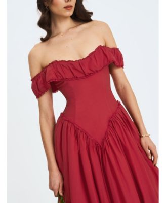  Xavy Drop Waist Off-Shoulder Corset Midi Dress