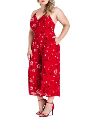Red Floral Halter Front Split Capri Jumpsuit