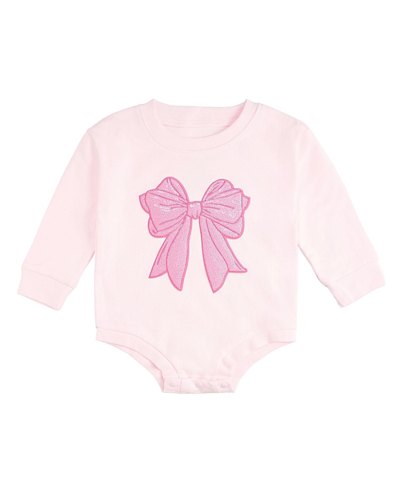Sweet Wink Girls' Pink Bow Sequin Patch Long Sleeve Romper - Baby