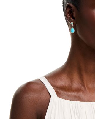 Turquoise, Swiss Blue Topaz, & Diamond Pear Halo Drop Earrings in 14K Yellow Gold