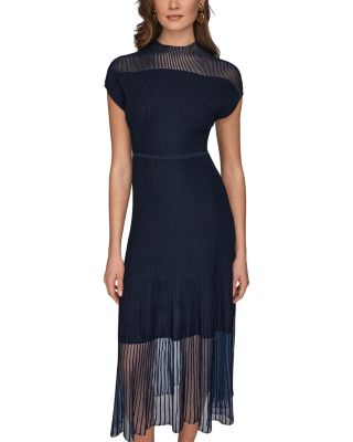 Sheer Panel Mock Neck Midi Sweater Dress