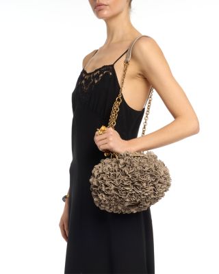 Pliss&eacute; Leather Chain Shoulder Bag with Flowers