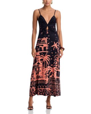 Scenic Print Keyhole Cutout Dress