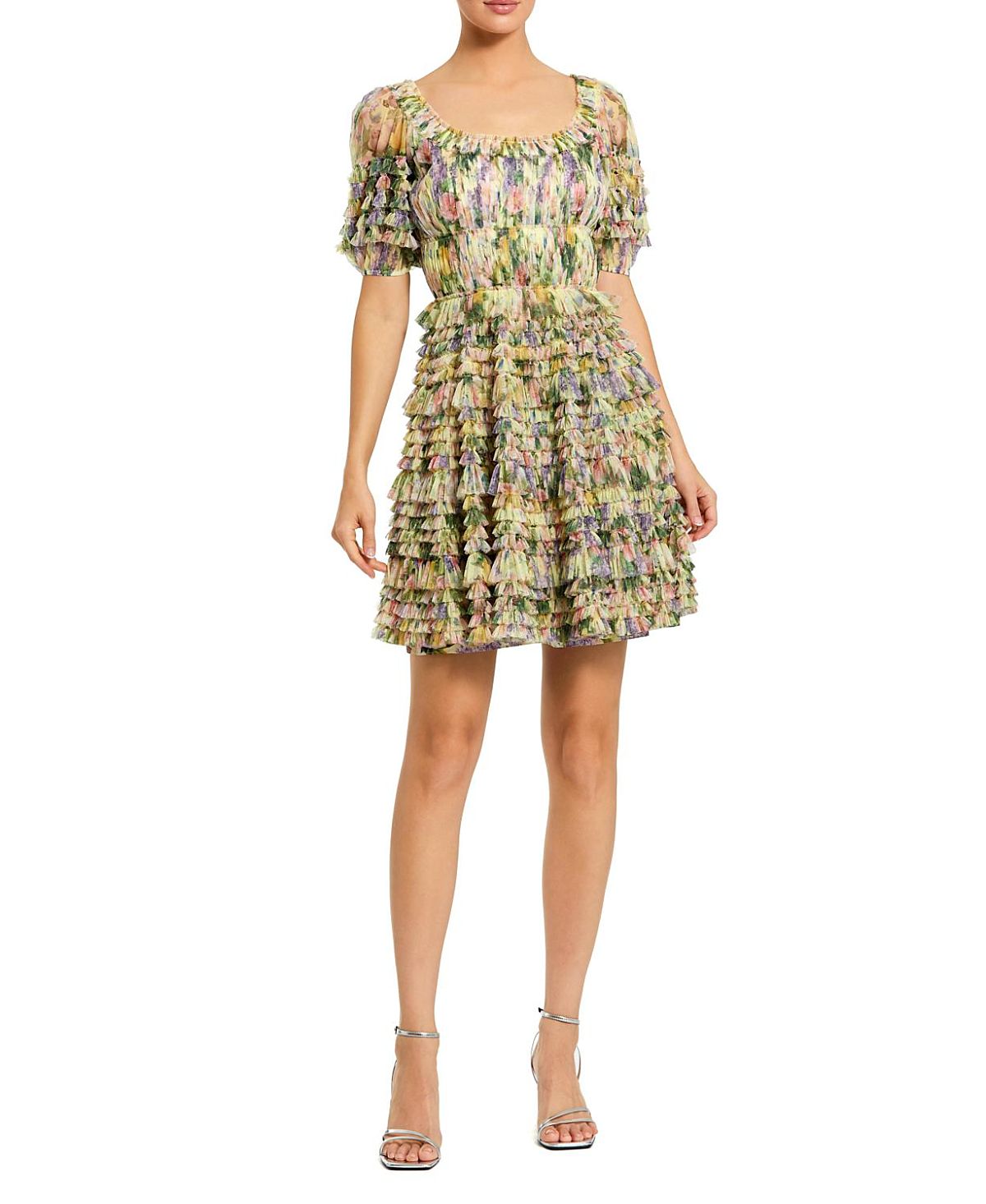 Mac Duggal Floral Mesh Puff Sleeve Ruffle Mini Dress
