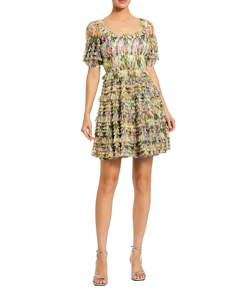 Mac Duggal Floral Mesh Puff Sleeve Ruffle Mini Dress