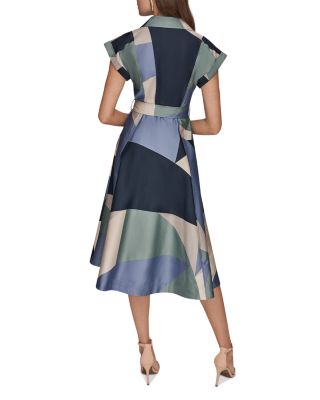 Spread Collar Printed Pleated Midi Shirt Dress