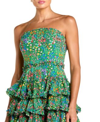  Floral Cotton Strapless Tiered Ruffle Midi Dress