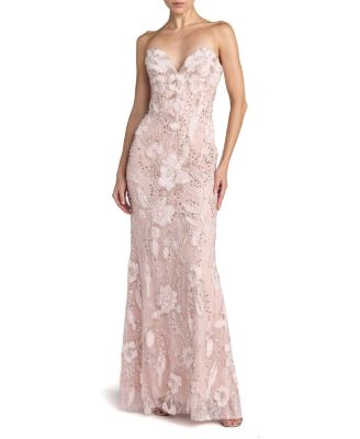 Floral Beaded Mesh Strapless Column Gown