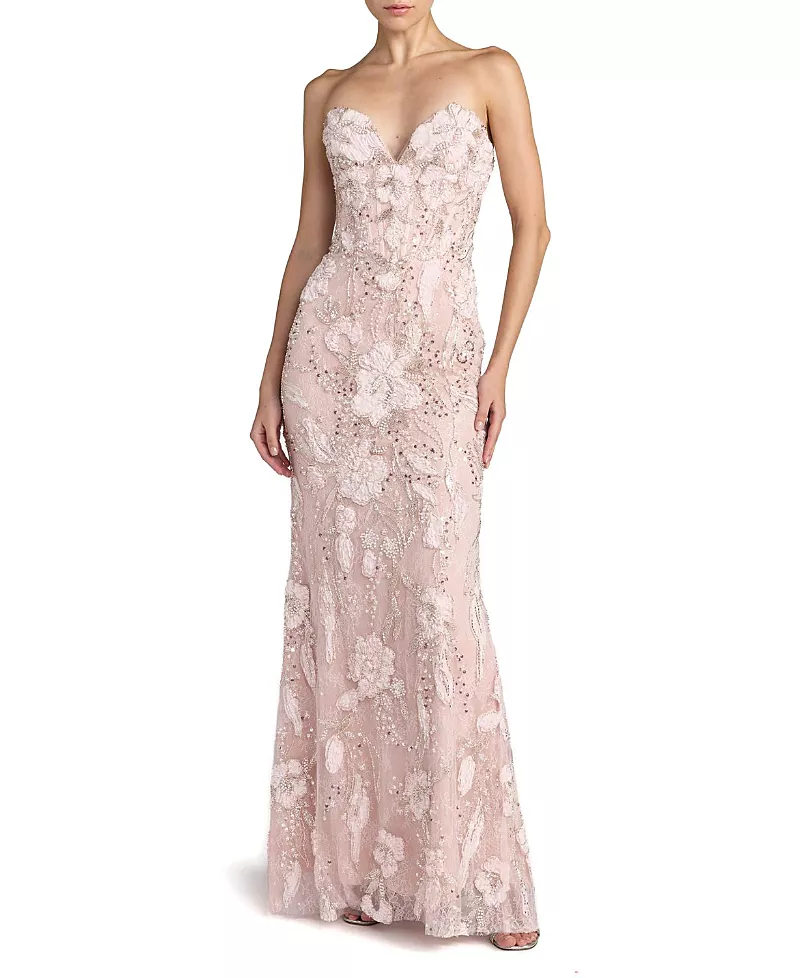 Mac Duggal Floral Beaded Mesh Strapless Column Gown