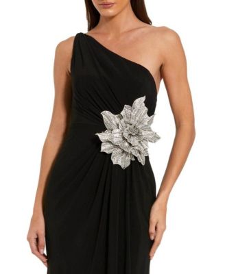  Jersey One Shoulder Gown with Rhinestone Flower