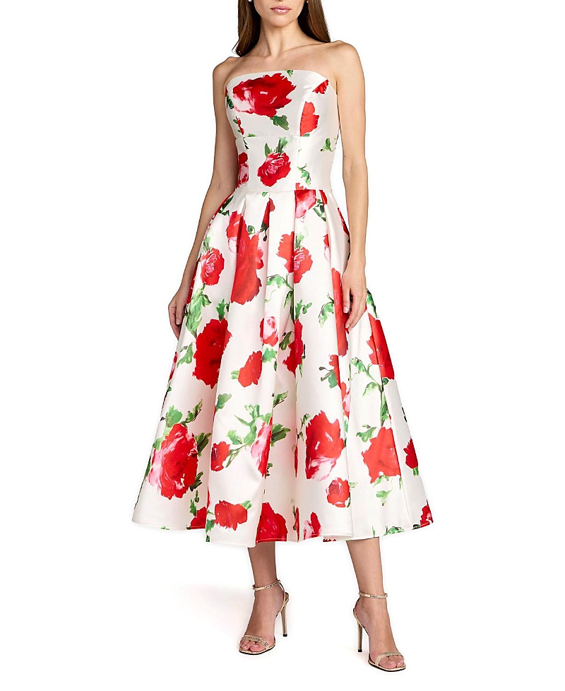 Mac Duggal Strapless Floral Printed A Line Midi Dress