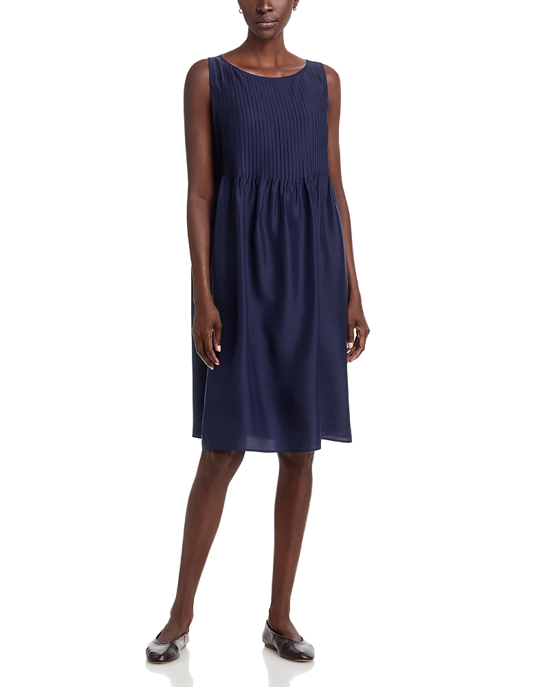 Eileen Fisher Silk Bateau Neck Pleated Dress