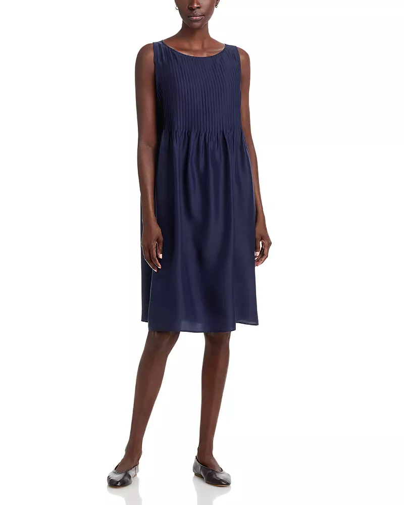 Eileen Fisher Silk Bateau Neck Pleated Dress