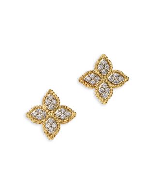 18K White & Yellow Gold Princess Flower Diamond Stud Earrings