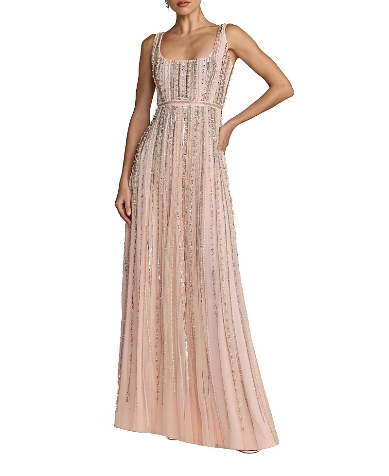 Mac Duggal Embellished A-Line Gown with Striped Details Dress