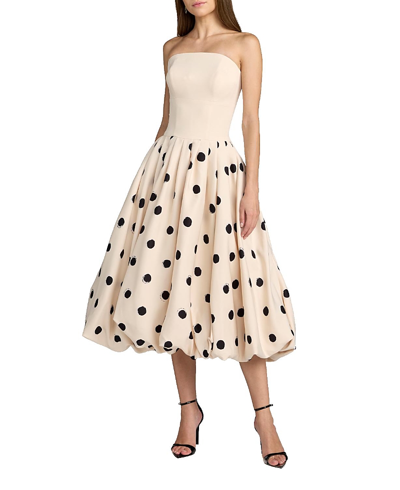 Mac Duggal Crepe Strapless Polka Dot Bubble Skirt Midi Dress