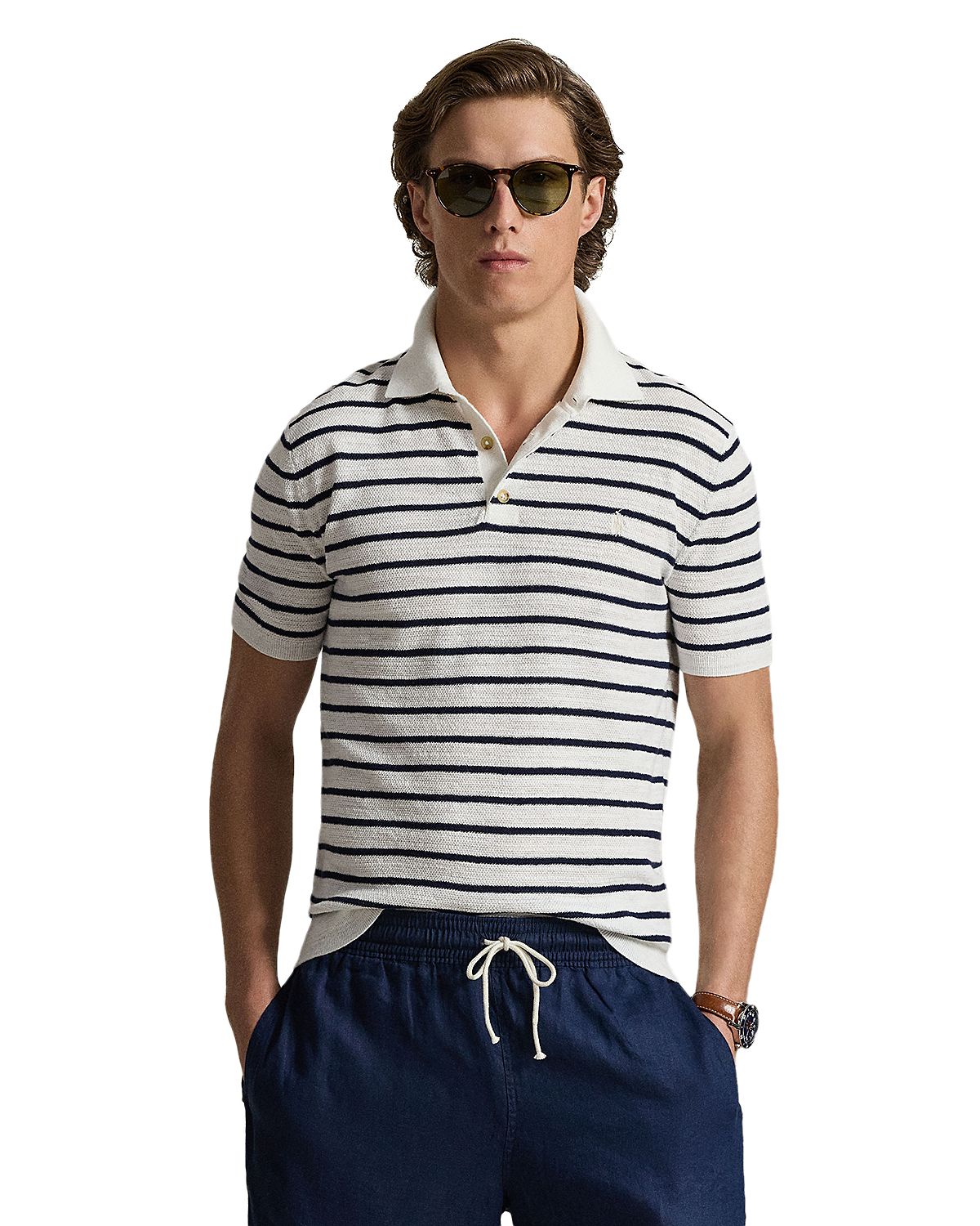 Polo Ralph Lauren Striped Cotton Linen Polo Collar Sweater