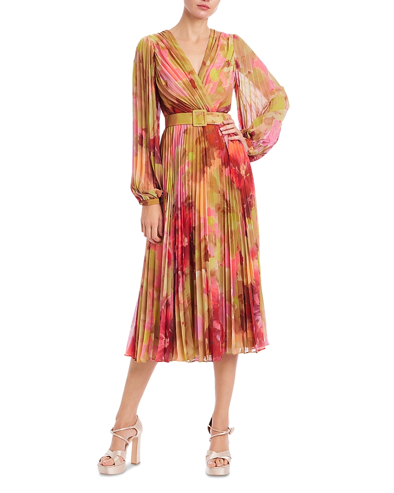Badgley Mischka Pleated Floral Wrap Midi Dress