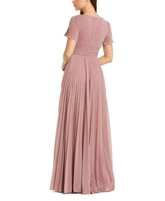  Pleated Metallic Flutter Sleeve V-Neck A-Line Gown