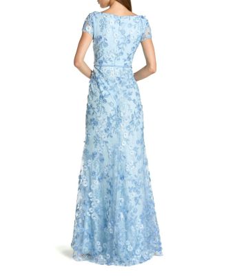  Petite Blue Floral Applique Boat Neck Cap Sleeve Gown