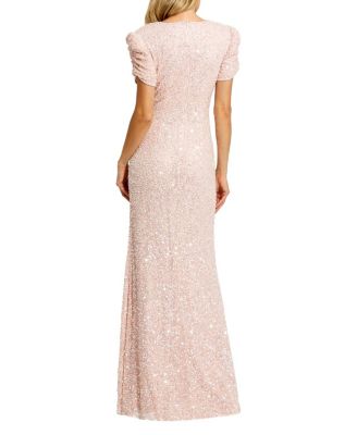  Petite Gathered Short Sleeve Beaded Gown