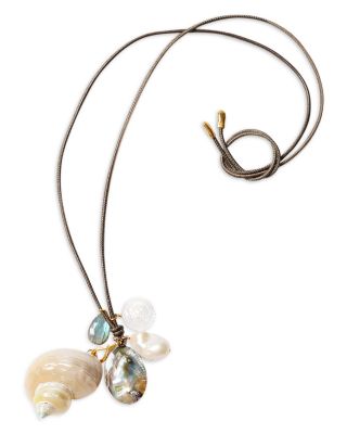 Turbo Shell & Multi Gemstone Leather Pendant Necklace, 42"