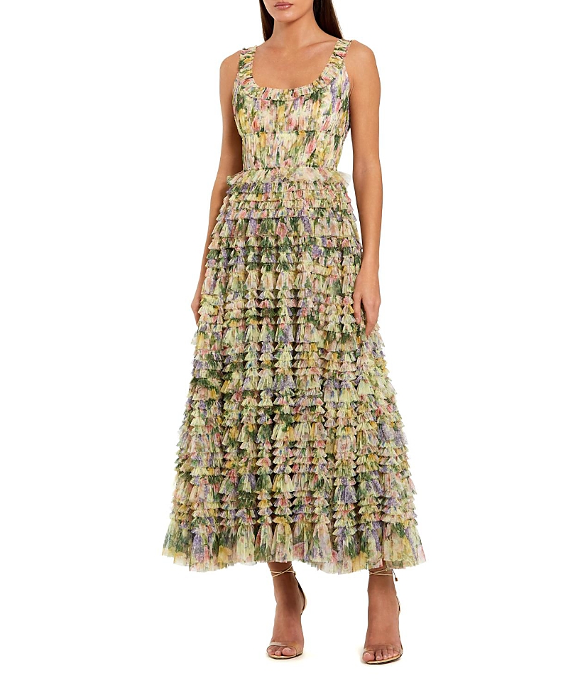 Mac Duggal Floral Printed Ruffle Midi Dress