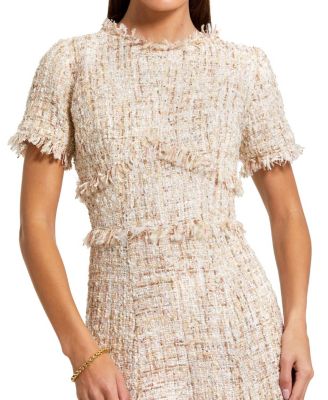  Petite Beige Boucle Short Sleeve A Line Midi Dress