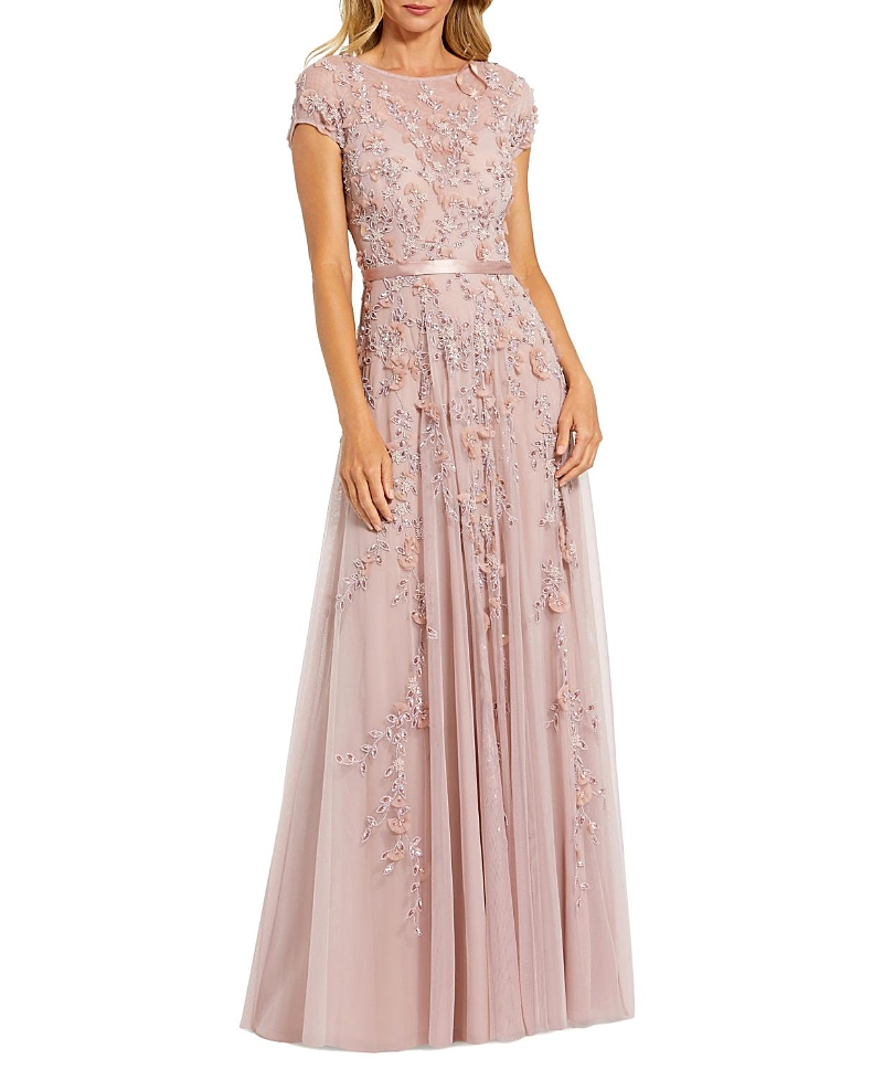 Mac Duggal Petite Pink Floral Embellished Cap Sleeve Gown