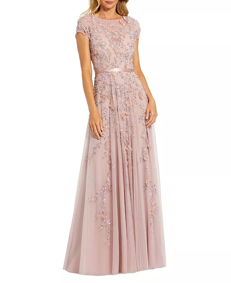 Mac Duggal Petite Pink Floral Embellished Cap Sleeve Gown