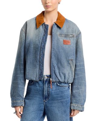Leather Collar Denim Bomber Jacket
