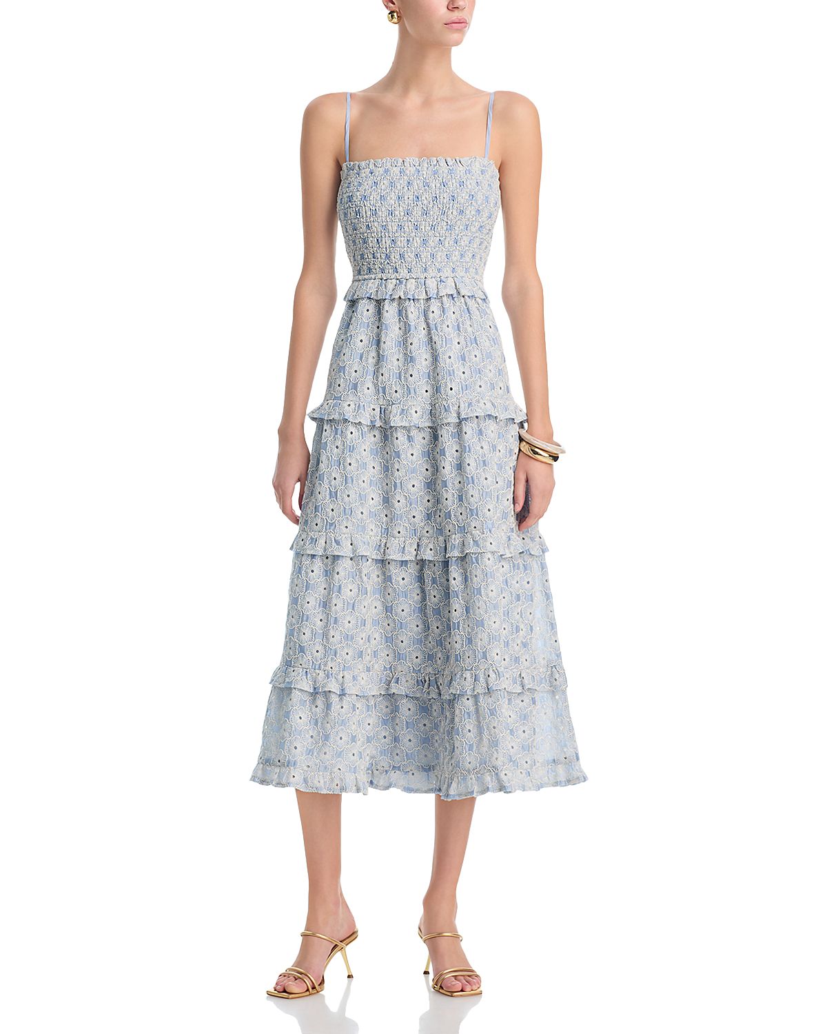 Aqua Embroidered Smocked Tier Midi Dress - Exclusive