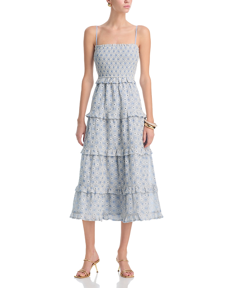 Aqua Embroidered Smocked Tier Midi Dress - Exclusive