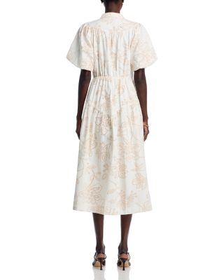 Short Puff Sleeve Button Down Printed Eyelet Midi Dress