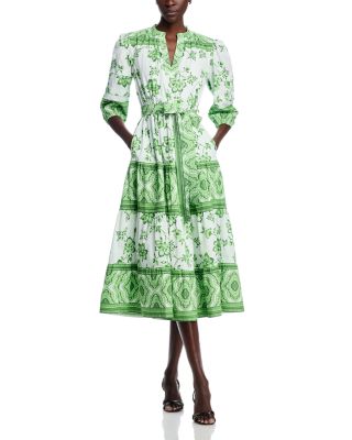 Three Quarter Sleeve Split Neck Printed Midi Dress
