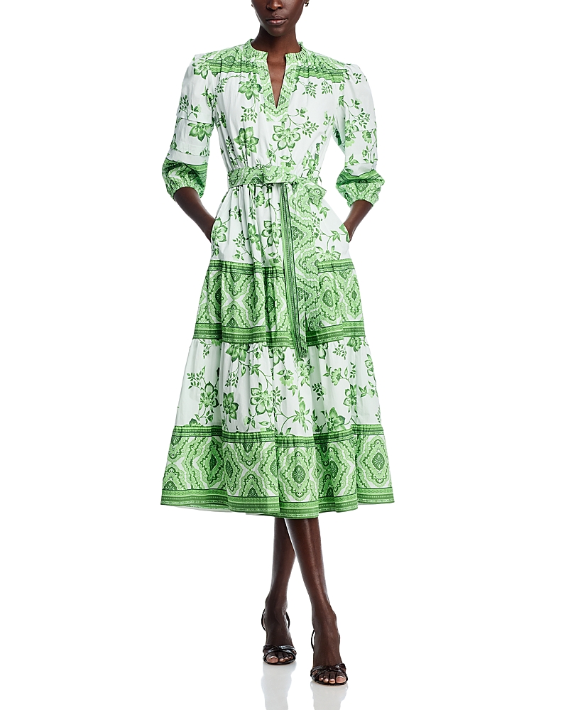 T Tahari Three Quarter Sleeve Split Neck Printed Midi Dress