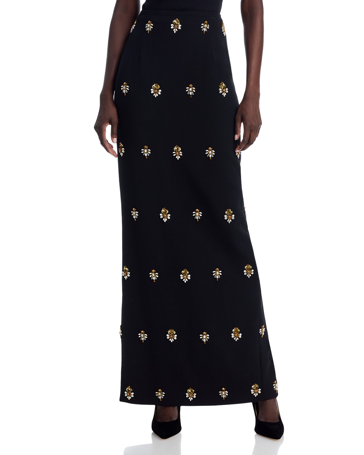 Sergio Hudson Embroidered Embellished Wool Skirt in Ebony