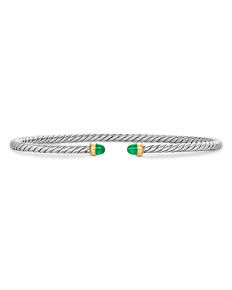 Micro Cable Flex Bracelet in Sterling Silver with 14K Yellow Gold and Emeralds, 2.6mm