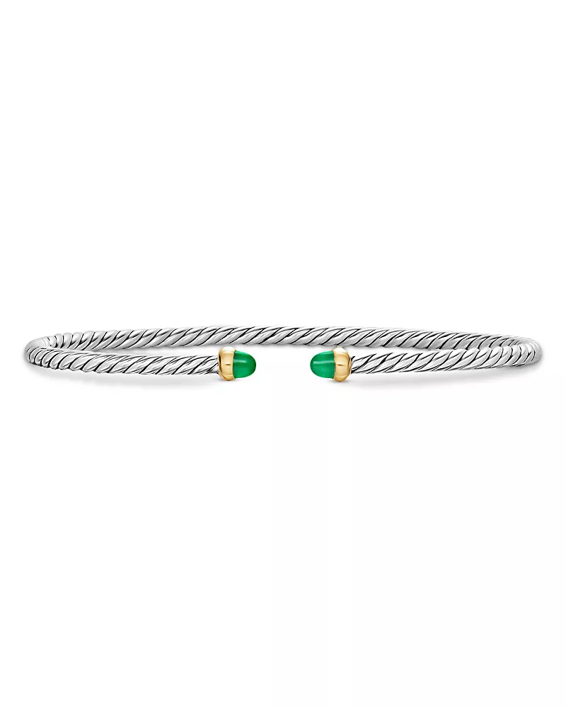 Micro Cable Flex Bracelet in Sterling Silver with 14K Yellow Gold and Emeralds, 2.6mm