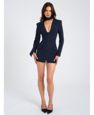  Tahlia Deep V Pinstripes Scarf Collar Blazer Dress