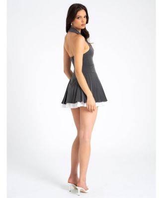  Hazel Preppy Halter Neck Pleated Mini Dress